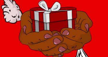 Çizgi film, çizgi roman insan eli sevgililer günü hediye kutusunu tutuyor. Retro video, çizgi roman pop sanat animasyonu.