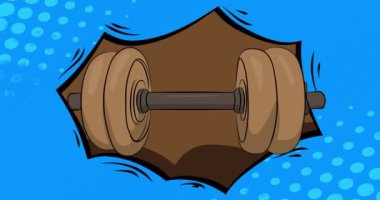 Çizgi film Dumbbell, çizgi roman jimnastik malzemeleri videosu. Retro çizgi roman pop sanat tasarımı animasyonu.