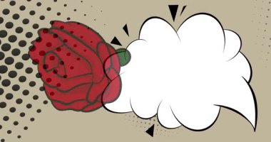 Çizgi film kırmızı gül, boş konuşma balonu, çizgi roman çiçek videosu. Retro çizgi roman pop sanat animasyonu.