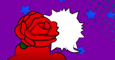 Çizgi film kırmızı gül, boş konuşma balonu, çizgi roman çiçek videosu. Retro çizgi roman pop sanat animasyonu.