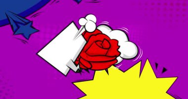 Çizgi film kırmızı gül, boş konuşma balonu, çizgi roman çiçek videosu. Retro çizgi roman pop sanat animasyonu.