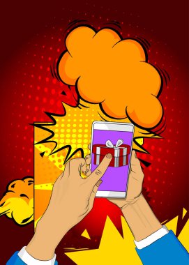 Çizgi film, akıllı telefon, çizgi roman, Sevgililer Günü hediye kutulu telefon. Retro vektör çizgi romanları pop sanat tasarımı.