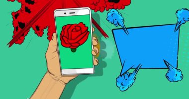 Çizgi film Smartphone, kırmızı güllü çizgi roman telefonu. Retro animasyon, çizgi roman pop sanat videosu.