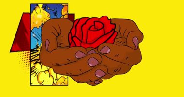 Çizgi film, çizgi roman insan eli kırmızı gül tutuyor. Retro video, çizgi roman pop sanat animasyonu.