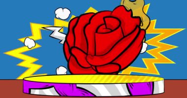 Kırmızı Gül 'ün sunumu için Comic Book Product sahne animasyonu. Retro çizgi roman arkaplan videosu.