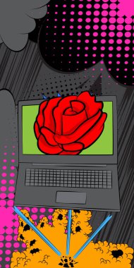 Dizüstü bilgisayar, kırmızı güllü çizgi roman defteri. Retro vektör çizgi romanları pop sanat tasarımı.