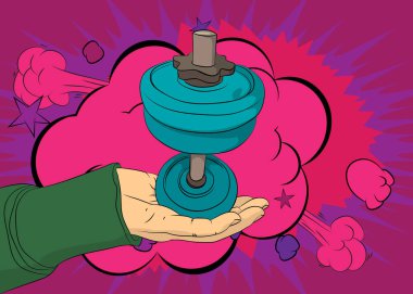 Çizgi film, çizgi roman insan eli, Dumbbell 'ı tutuyor. Retro vektör çizgi romanları pop sanat tasarımı.