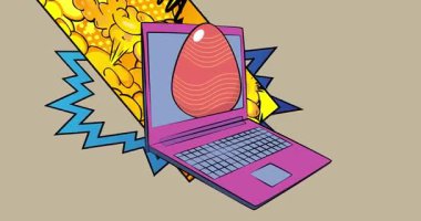 Karikatür dizüstü bilgisayar, Paskalya yumurtalı çizgi roman defteri. Retro çizgi roman pop sanat animasyonu.