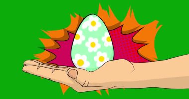 Çizgi roman, insan eli Paskalya Yumurtası. Retro video, çizgi roman pop sanat animasyonu.