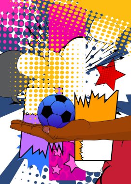 Çizgi roman, çizgi roman insan eli futbol topunu tutuyor. Retro vektör çizgi romanları pop sanat tasarımı.