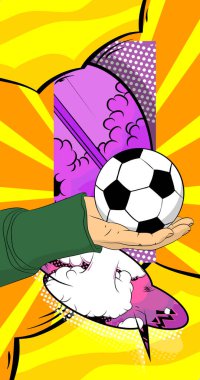 Çizgi roman, çizgi roman insan eli futbol topunu tutuyor. Retro vektör çizgi romanları pop sanat tasarımı.