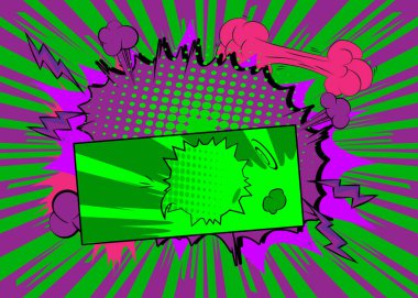 Çizgi film Yeşil ve Mor, çizgi roman geçmişi. Retro vektör çizgi romanları pop sanat tasarımı.