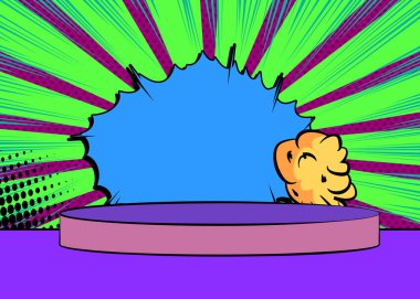 Çizgi roman ürünleri podyumu sunumu için sahne, retro pop sanatının arka planı.