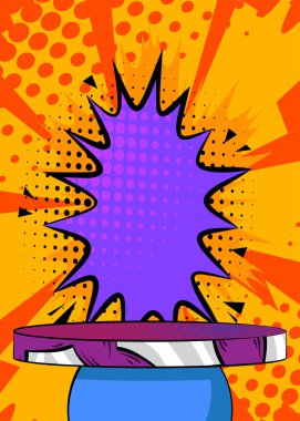 Çizgi roman ürünleri podyumu sunumu için sahne, retro pop sanatının arka planı.