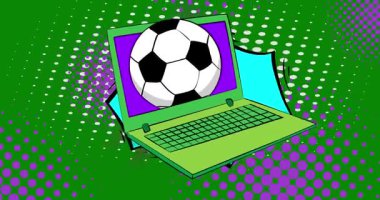 Çizgi dizüstü bilgisayar, futbol toplu çizgi roman defteri. Retro çizgi roman pop sanat animasyonu.
