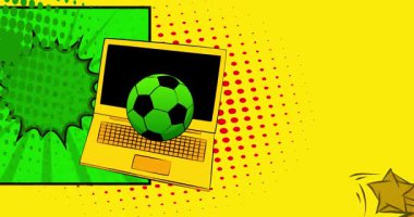 Çizgi dizüstü bilgisayar, futbol toplu çizgi roman defteri. Retro çizgi roman pop sanat animasyonu.