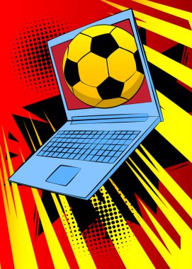 Çizgi dizüstü bilgisayar, futbol toplu çizgi roman defteri. Retro vektör çizgi romanları pop sanat tasarımı.