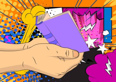 Çizgi film, çizgi roman insan eli Kitap 'ı tutuyor. Retro vektör çizgi romanları pop sanat tasarımı.