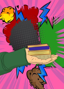 Çizgi film, çizgi roman insan eli Kitap 'ı tutuyor. Retro vektör çizgi romanları pop sanat tasarımı.