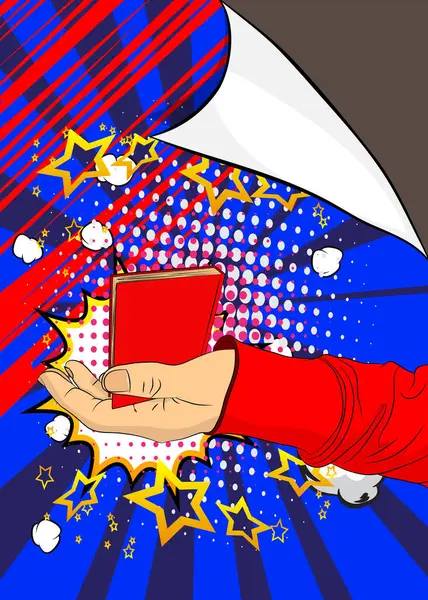 Çizgi film, çizgi roman insan eli Kitap 'ı tutuyor. Retro vektör çizgi romanları pop sanat tasarımı.