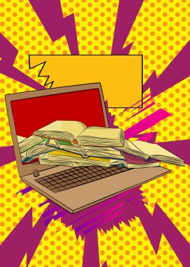 Çizgi dizüstü bilgisayar, Kitap ile çizgi roman defteri. Retro vektör çizgi romanları pop sanat tasarımı.