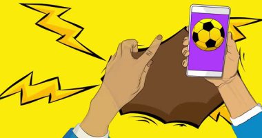 Çizgi film, akıllı telefon, çizgi roman, futbol topu ile telefon. Retro animasyon, çizgi roman pop sanat videosu.