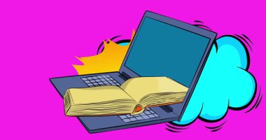 Çizgi dizüstü bilgisayar, Hardcover Book 'lu çizgi roman defteri. Retro çizgi roman pop sanat animasyonu.