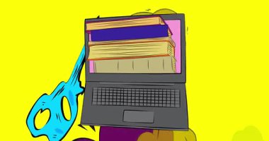 Çizgi dizüstü bilgisayar, Hardcover Book 'lu çizgi roman defteri. Retro çizgi roman pop sanat animasyonu.