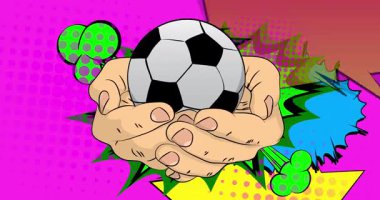 Çizgi roman, çizgi roman insan eli futbol topunu tutuyor. Retro video, çizgi roman pop sanat animasyonu.