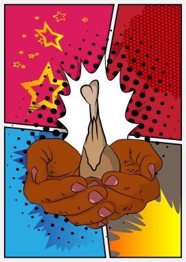 Çizgi roman, çizgi roman insan eli tavuk budu ve but tutuyor. Retro vektör çizgi romanları pop sanat tasarımı.