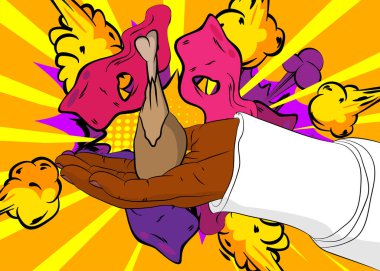 Çizgi roman, çizgi roman insan eli tavuk budu ve but tutuyor. Retro vektör çizgi romanları pop sanat tasarımı.