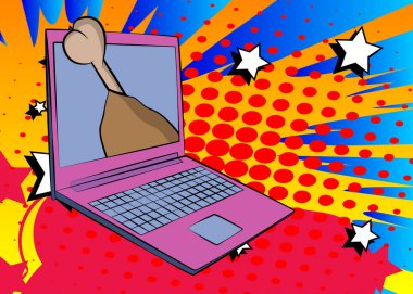 Çizgi dizüstü bilgisayar, tavuk budu ve kalçalı çizgi roman defteri. Retro vektör çizgi romanları pop sanat tasarımı.