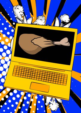 Çizgi dizüstü bilgisayar, tavuk budu ve kalçalı çizgi roman defteri. Retro vektör çizgi romanları pop sanat tasarımı.