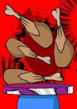 Comic Book Product podyumu tavuk budu ve but sunumu için. Retro çizgi roman arkaplanı.