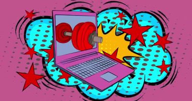 Çizgi dizüstü bilgisayar, Dumbbell 'la çizgi roman defteri. Retro çizgi roman pop sanat animasyonu.