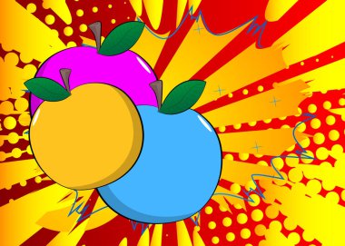 Çizgi roman Apple, çizgi roman Fruit. Retro vektör çizgi romanları pop sanat tasarımı.