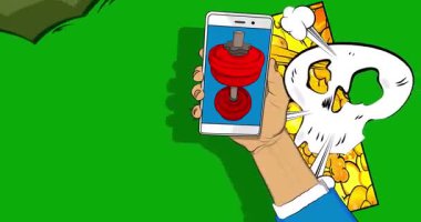 Çizgi film Smartphone, Dumbbell 'la çizgi roman telefonu. Retro animasyon, çizgi roman pop sanat videosu.