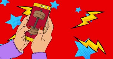 Çizgi film Smartphone, Dumbbell 'la çizgi roman telefonu. Retro animasyon, çizgi roman pop sanat videosu.