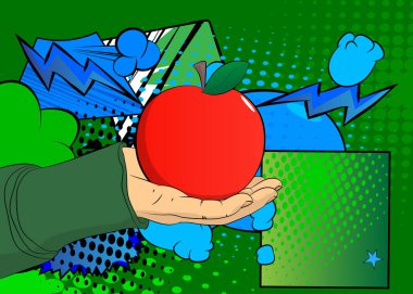 Çizgi film, çizgi roman insan eli Apple 'ı tutuyor. Retro vektör çizgi romanları pop sanat tasarımı.