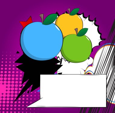 Boş konuşma balonlu çizgi film Elması, çizgi roman Meyve arkaplanı. Retro vektör çizgi romanları pop sanat tasarımı.