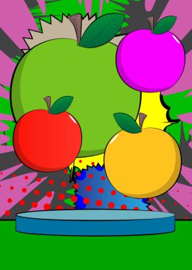 Apple 'ın sunumu için Comic Book Product podyumu. Retro çizgi roman arkaplanı.