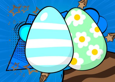 Karikatür Paskalya Yumurtası, çizgi roman kutlaması. Retro vektör çizgi romanları pop sanat tasarımı.