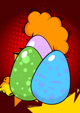 Karikatür Paskalya Yumurtası, çizgi roman kutlaması. Retro vektör çizgi romanları pop sanat tasarımı.