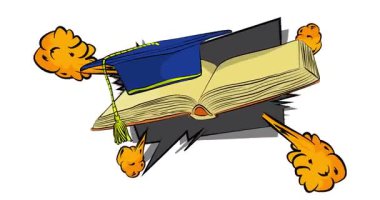 Çizgi roman pop sanatı baloncuklu mezuniyet şapkası ve kitabı sıçratır. Çizgi film hareketleri grafikleri.