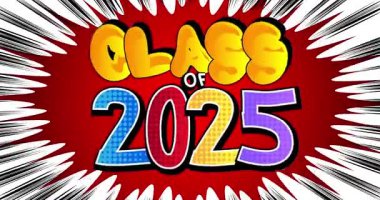 2025 yılı çizgi film sınıfı, boş konuşma balonu, çizgi roman mezuniyet videosu. Retro çizgi roman pop sanat animasyonu.
