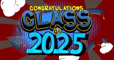 Sınıf 2025 selamlama animasyonu, çizgi roman mezuniyet videosu. Retro çizgi roman pop sanat karikatürü.