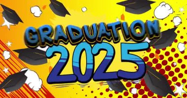 Sınıf 2025 selamlama animasyonu, çizgi roman mezuniyet videosu. Retro çizgi roman pop sanat karikatürü.