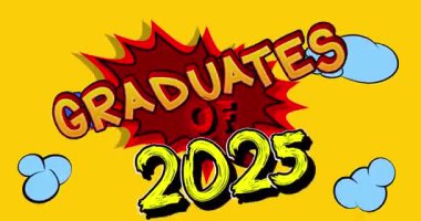 Sınıf 2025 selamlama animasyonu, çizgi roman mezuniyet videosu. Retro çizgi roman pop sanat karikatürü.