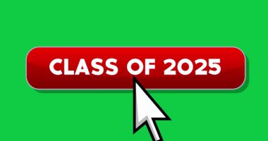 İmleç 2025 sınıfının düğmesine tıklıyor. İşaretleyici ok imleci tıklaması. Yeşil ekran krom anahtar arkaplanındaki canlandırılmış simge.