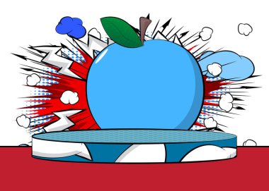 Apple 'ın sunumu için Comic Book Product podyumu. Retro çizgi roman arkaplanı.